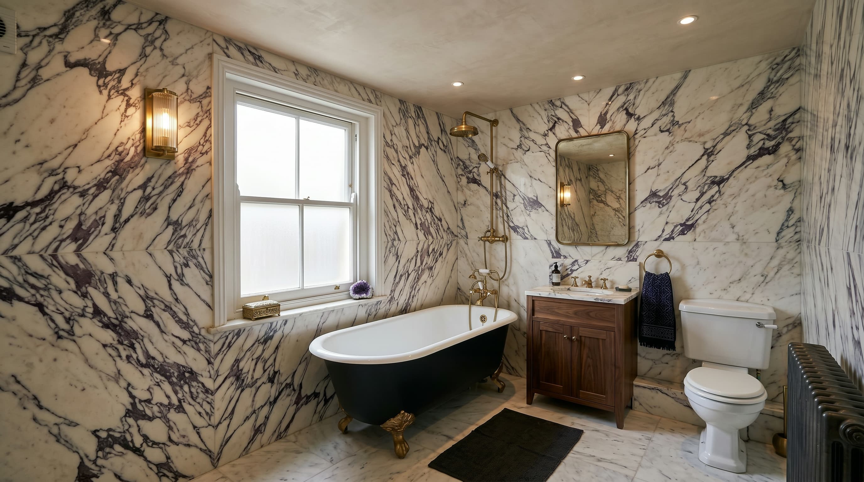 After: luxurious Calacatta Viola marble bathroom renovation in Kensington townhouse by ERCO Home Improvements, London