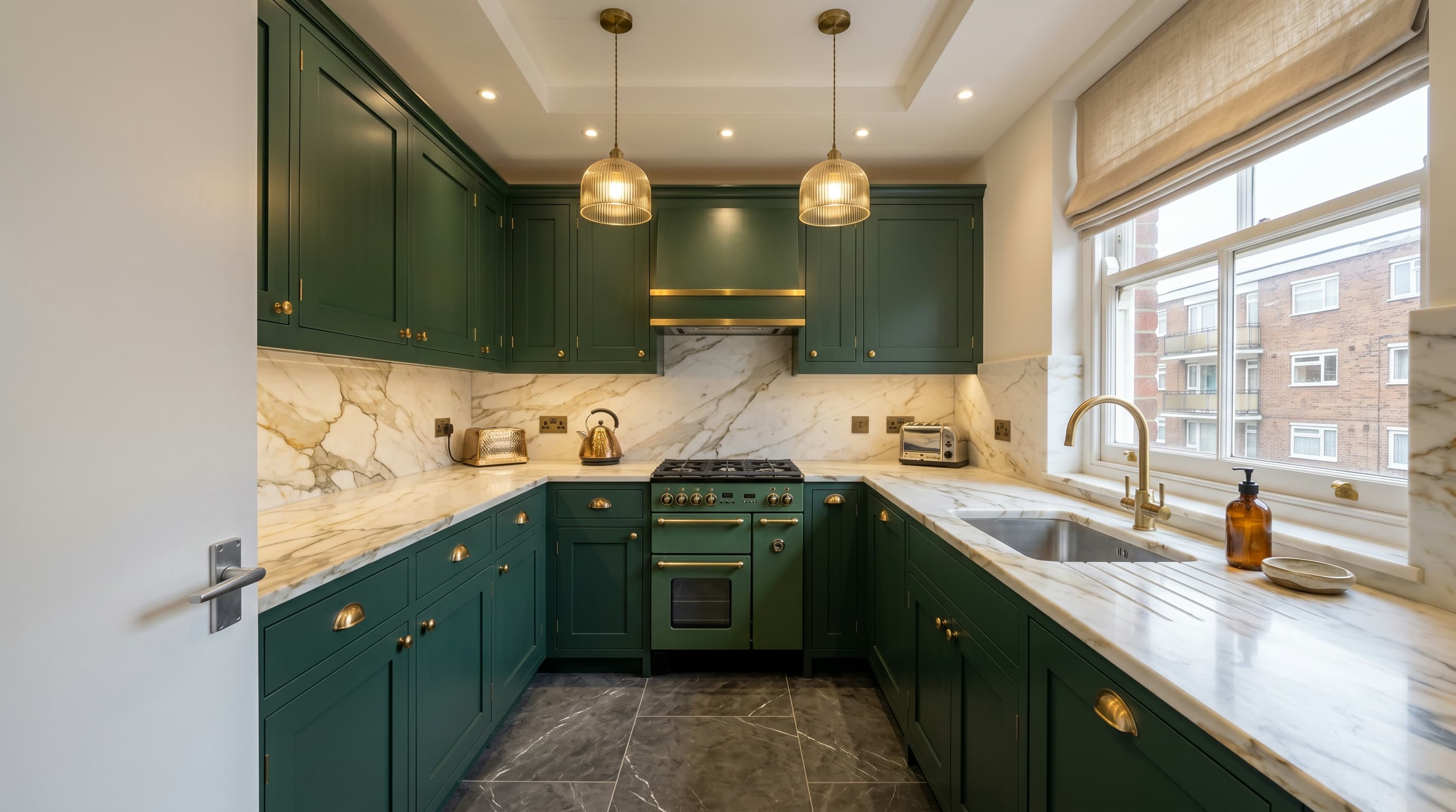 After: bespoke heritage kitchen renovation in Chelsea apartment by ERCO Home Improvements, smoked oak and burnished brass
